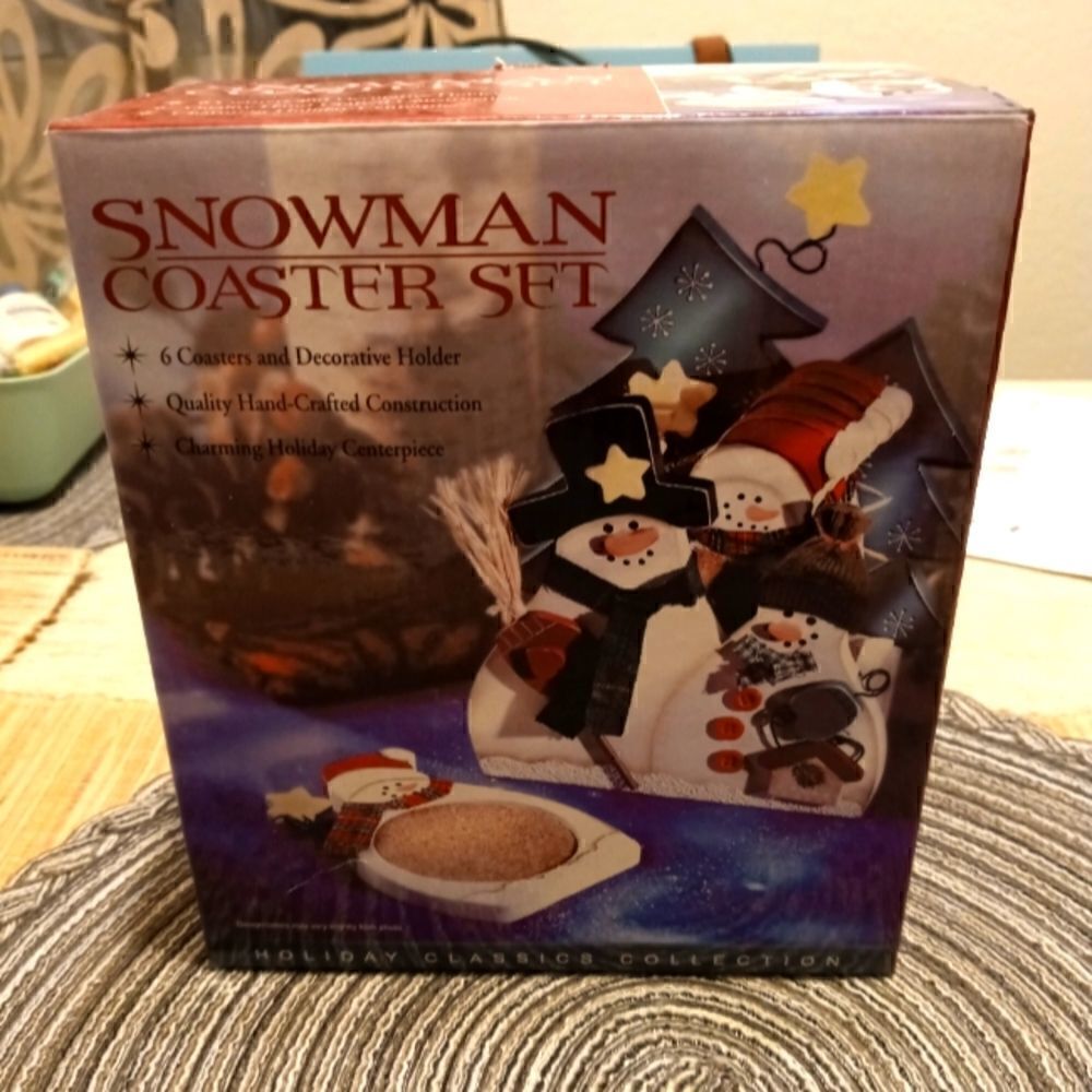 Snowman Holiday Coasters-NEW-Open Box- Wooden & Cork Coaster Set
